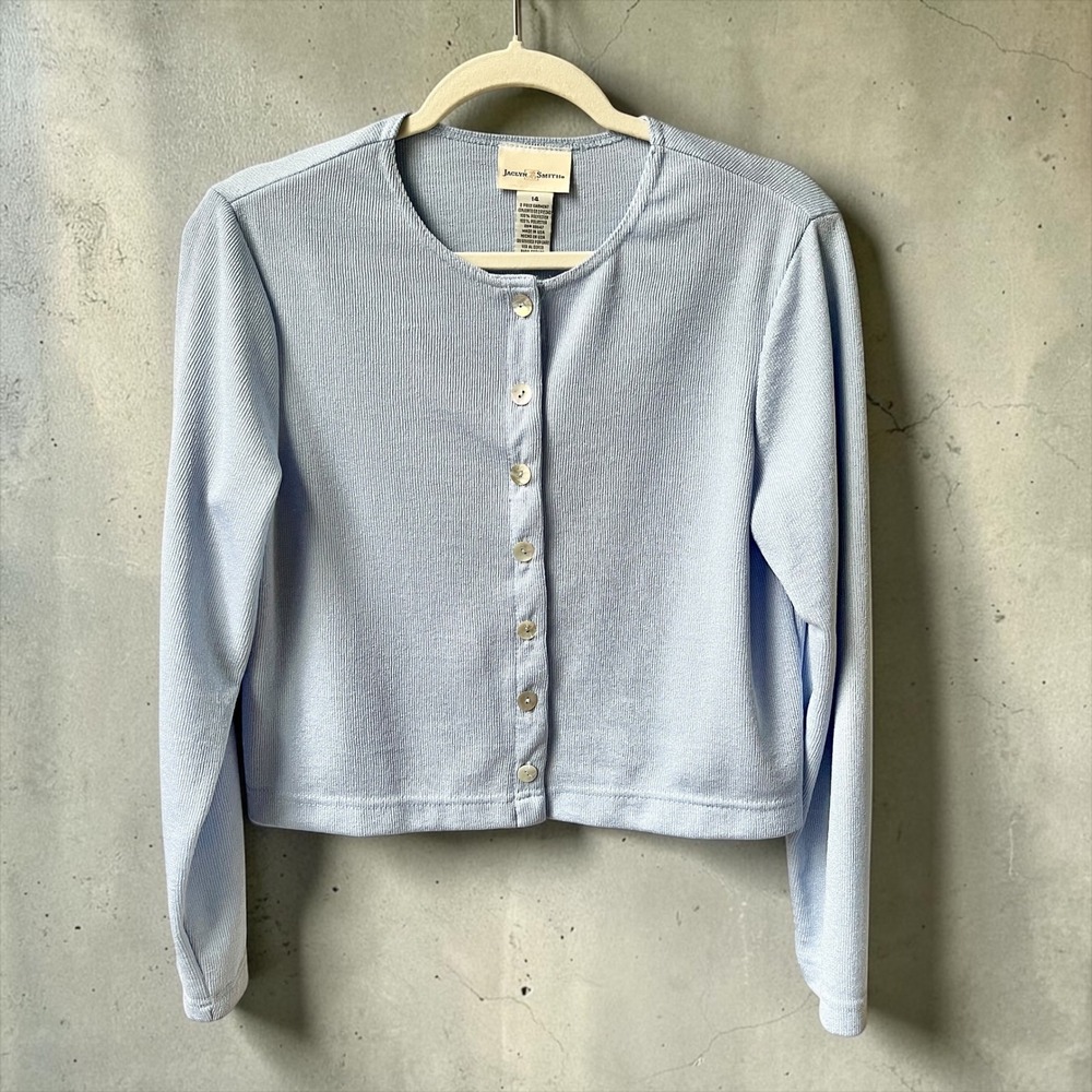 Vintage Cardigan Sweater Women's Large Baby Blue Stretch Ribbed Knit 90s Preppy